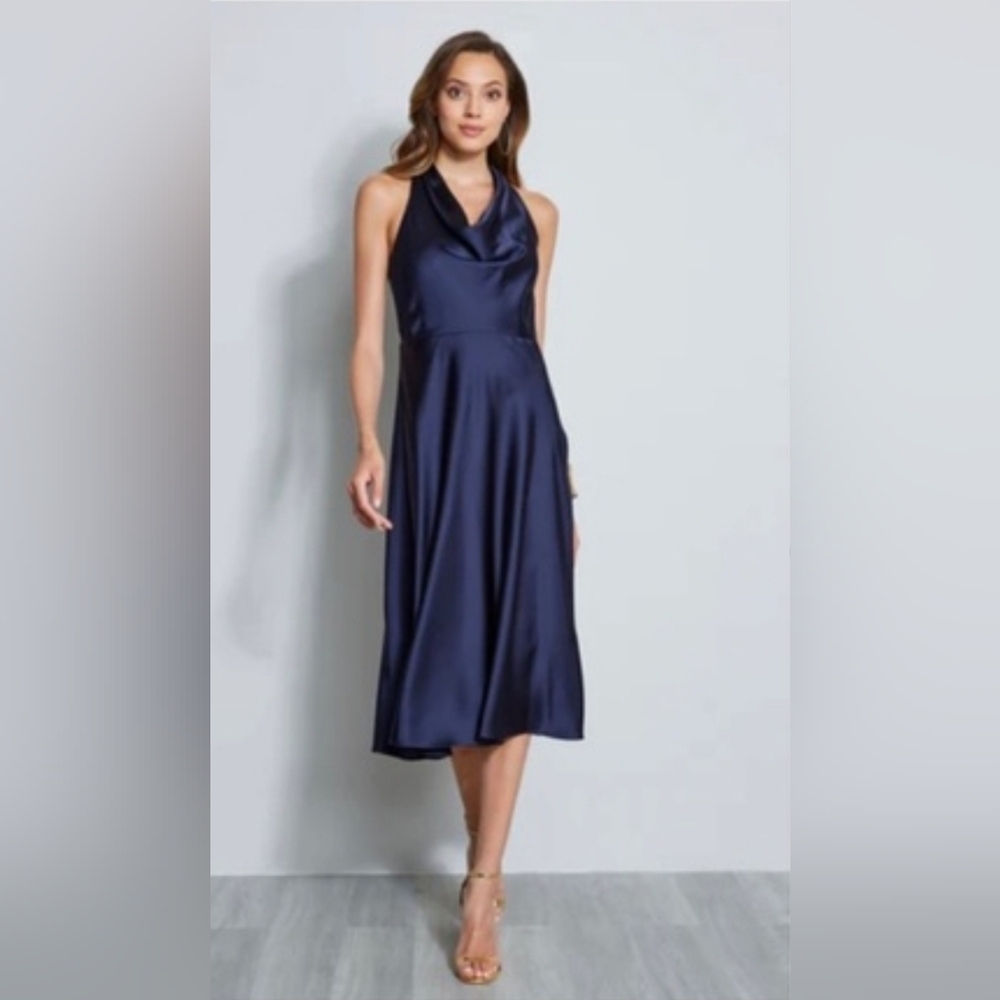 Elie Tahari Satin Halter Dropped Neck Midi Dress Navy Blue Sleveless **Snugs** M